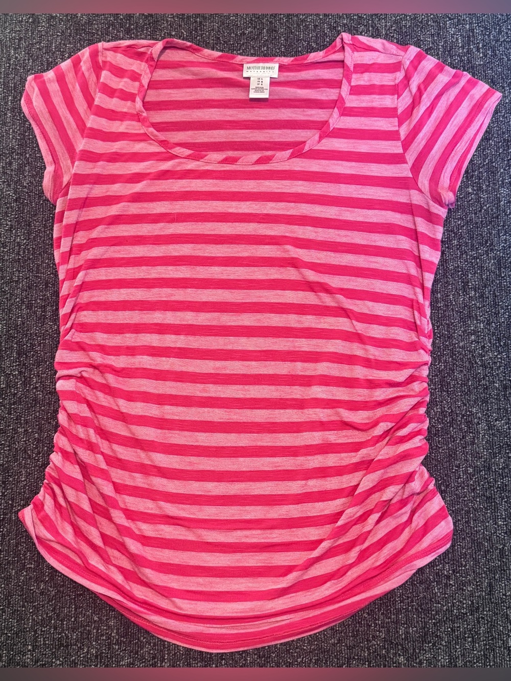 Motherhood Maternity Pink Striped Short Sleeve Ruched Side Tee Shirt Size Large